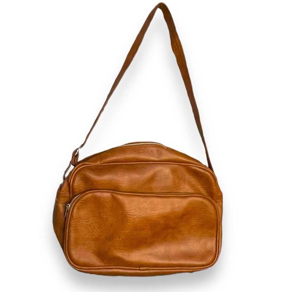 Fingerhut Messenger Bag Unisex Brown Faux Leather Zipper Pockets Shoulder Retro